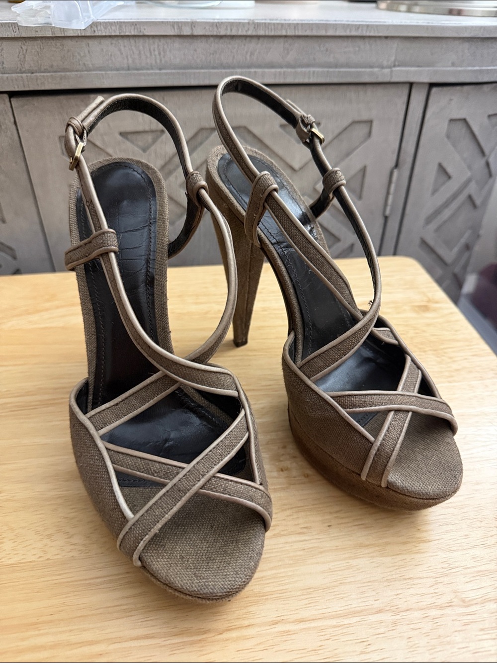 Burberry Brown Canvas Strappy Platform Slingback Heels